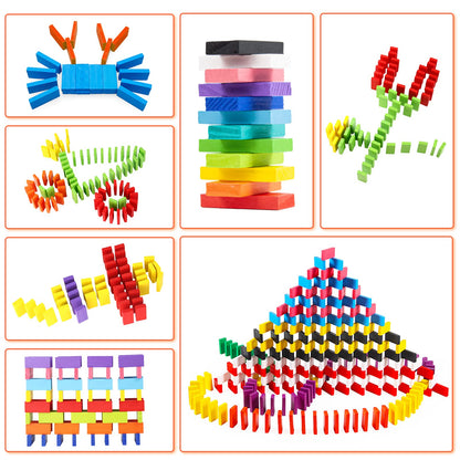 WOOD CITY 1000 Piece Dominoes Set for Kids with Extra 20 Blocks, Colorful Dominos Tiles for Building, Stacking, Racing, Tumbling, Wood Domino with Storage Bag and Box, Educational Toy
