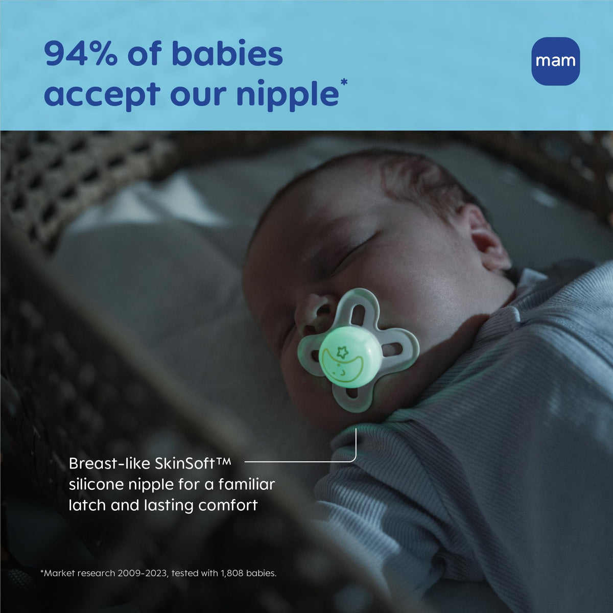 MAM Original Start Baby Pacifiers 0-3 Months, BPA-Free Skin Soft Silicone Nipple, Glows in The Dark, Developed with Medical Experts Specially for Smaller Newborn Mouths, 4 Pk, Made in Europe
