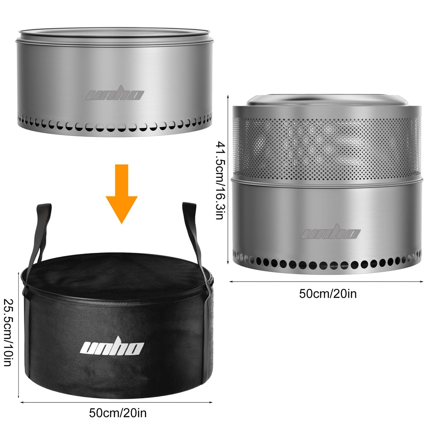 unho 20 Inch smokeless firepit for Outside Wood Burning Stove, Stainless Steel Outdoor Portable Fire Pit for Backyard, Patio, Garden, Picnic