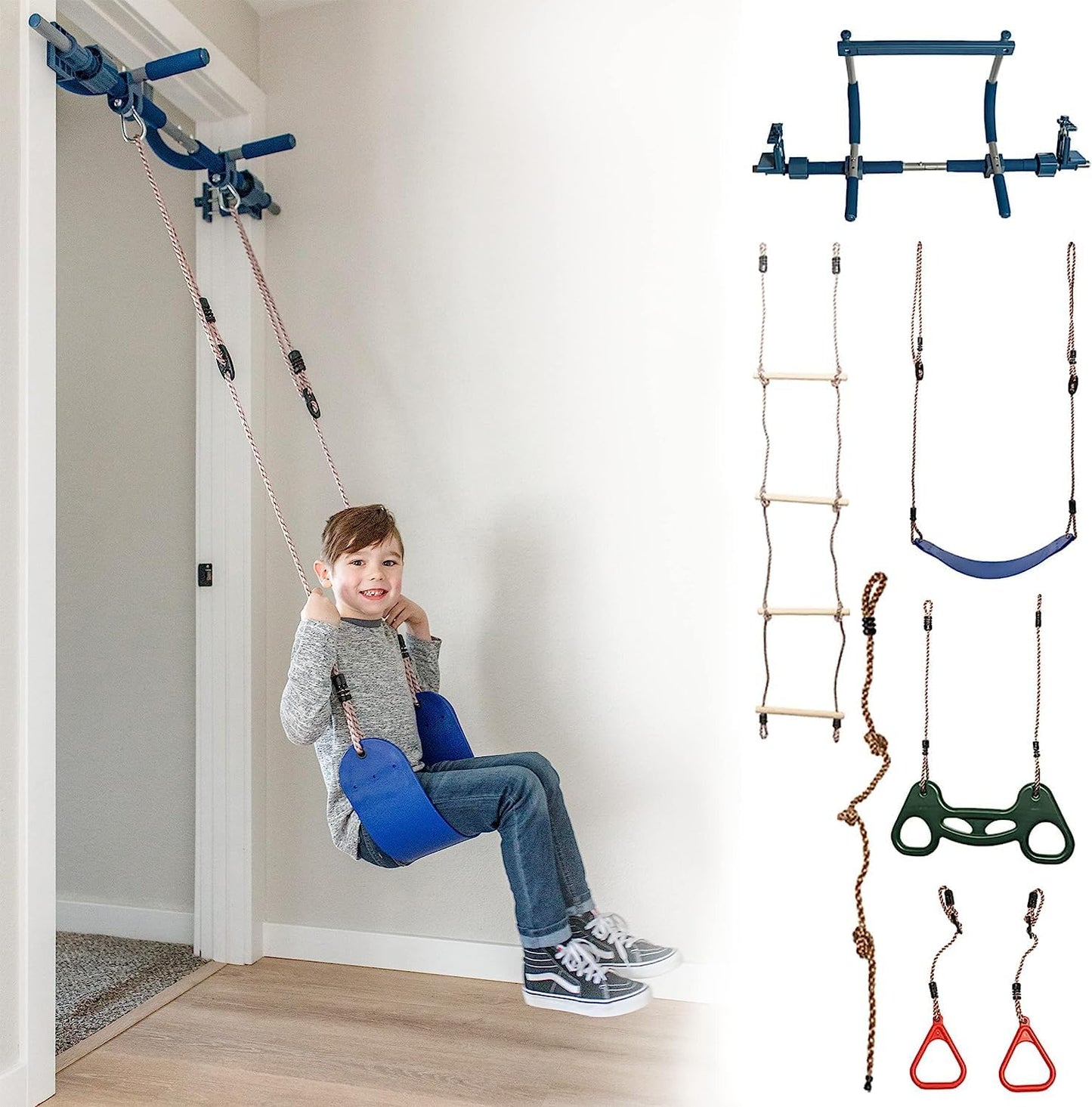Gym1 6-Piece Doorway Gym Indoor Playground - 6-Piece, Blue - Indoor Playset with Sensory Swing, Pull-Up Bar & Rings, Trapeze, Ladder & Knotted Rope