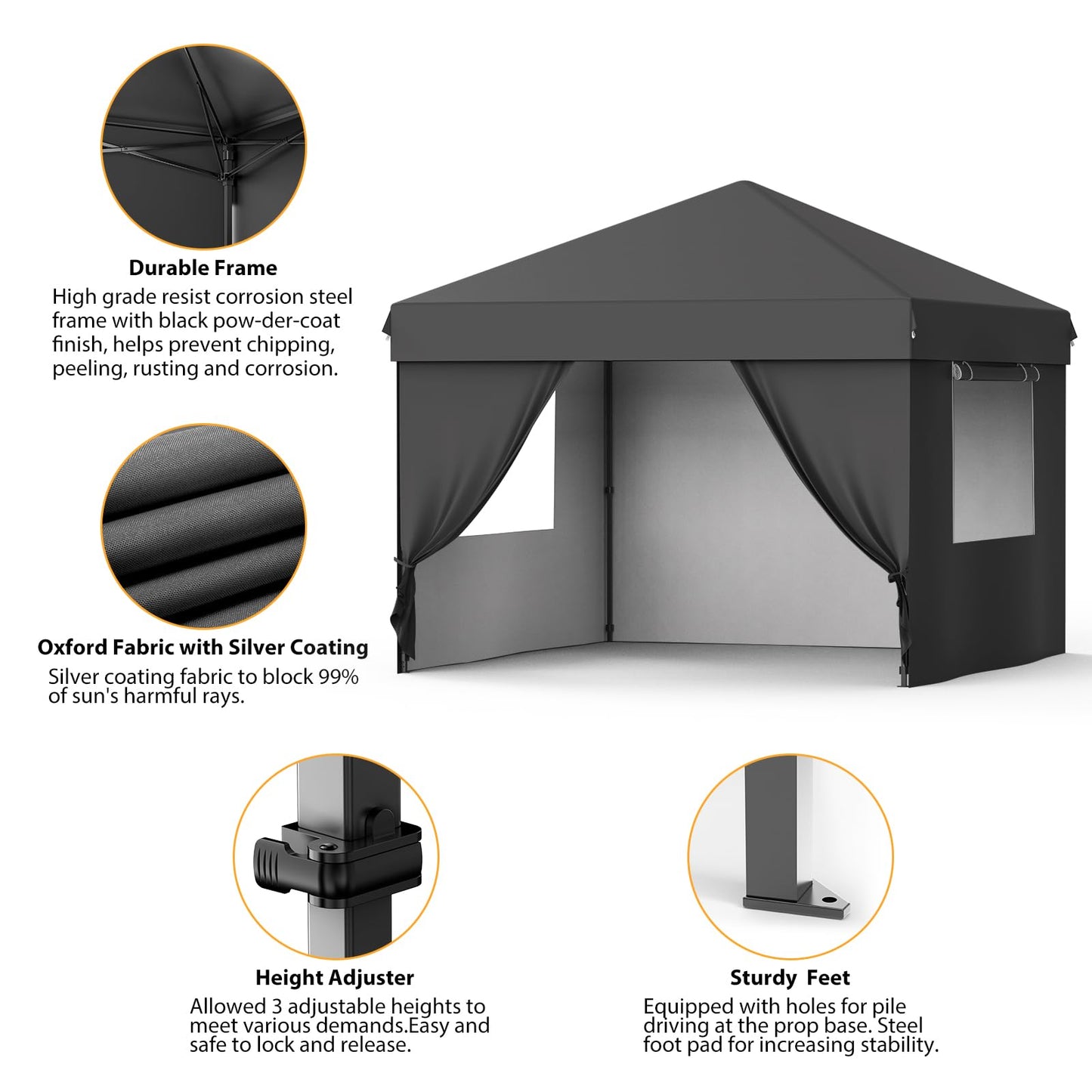 10X10 Pop Up Canopy Tent with 4 Sidewalls, Heavy Duty Commercial Instant Shelter, One-Person Quick Setup Outdoor Party Tent, Water-Resistant & Portable for Outdoor Events, Camping, Black