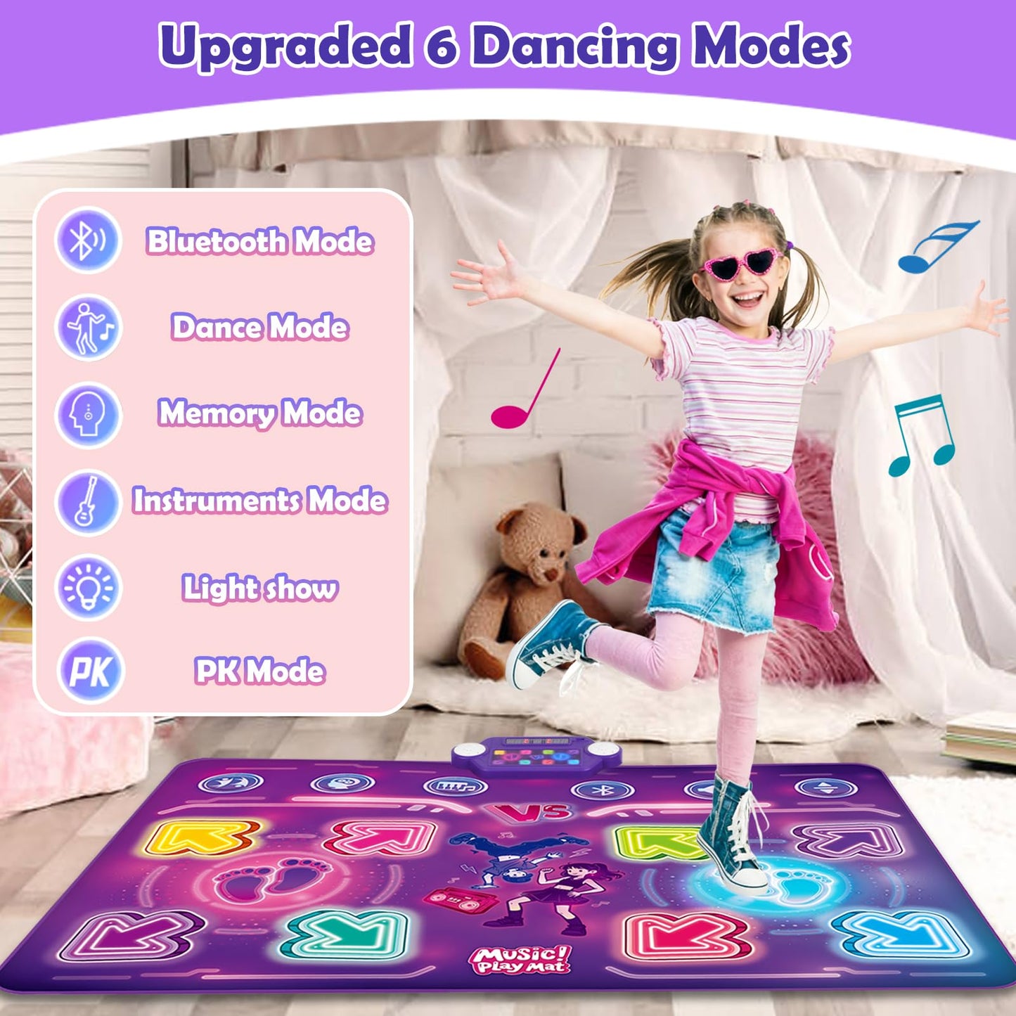 Amy & Benton Upgraded 2-Player Dance Mat for Toddlers 3-5, Dance Mat Toys for 4-8 Year Old Kids, Light Up Play Mat 8-Button with Bluetooth, Electronic Music Games Birthday Gifts for Girls Boys
