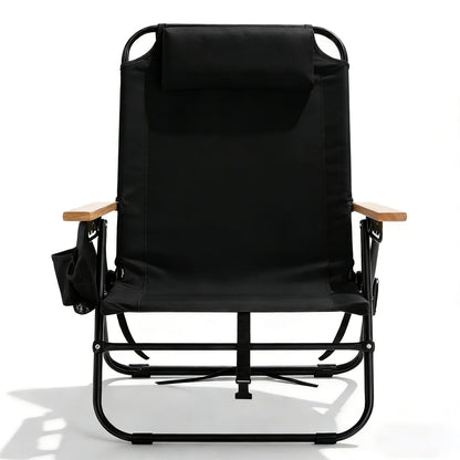 Canpsky Premium Portable Camping Chair 5-Position Recliner Beach Folding Lightweight Outdoor Chair with Wooden Armrests, Headrest, Multi-Pockets Heavy Duty 350lbs, for Patio, Backyard, Night Black