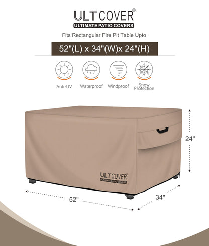 ULTCOVER Rectangular Gas Fire Pit Table Cover 52x34 inch Waterproof Heavy Duty Firepit Cover