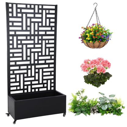 ALINUOYQ 70.87x35.43x15.75 Inch Metal Planter Box with Trellis and Wheels Raised Garden Bed with Drainage Holes Privacy Planters Suitable for Climbing Plants and Vegetables (02)