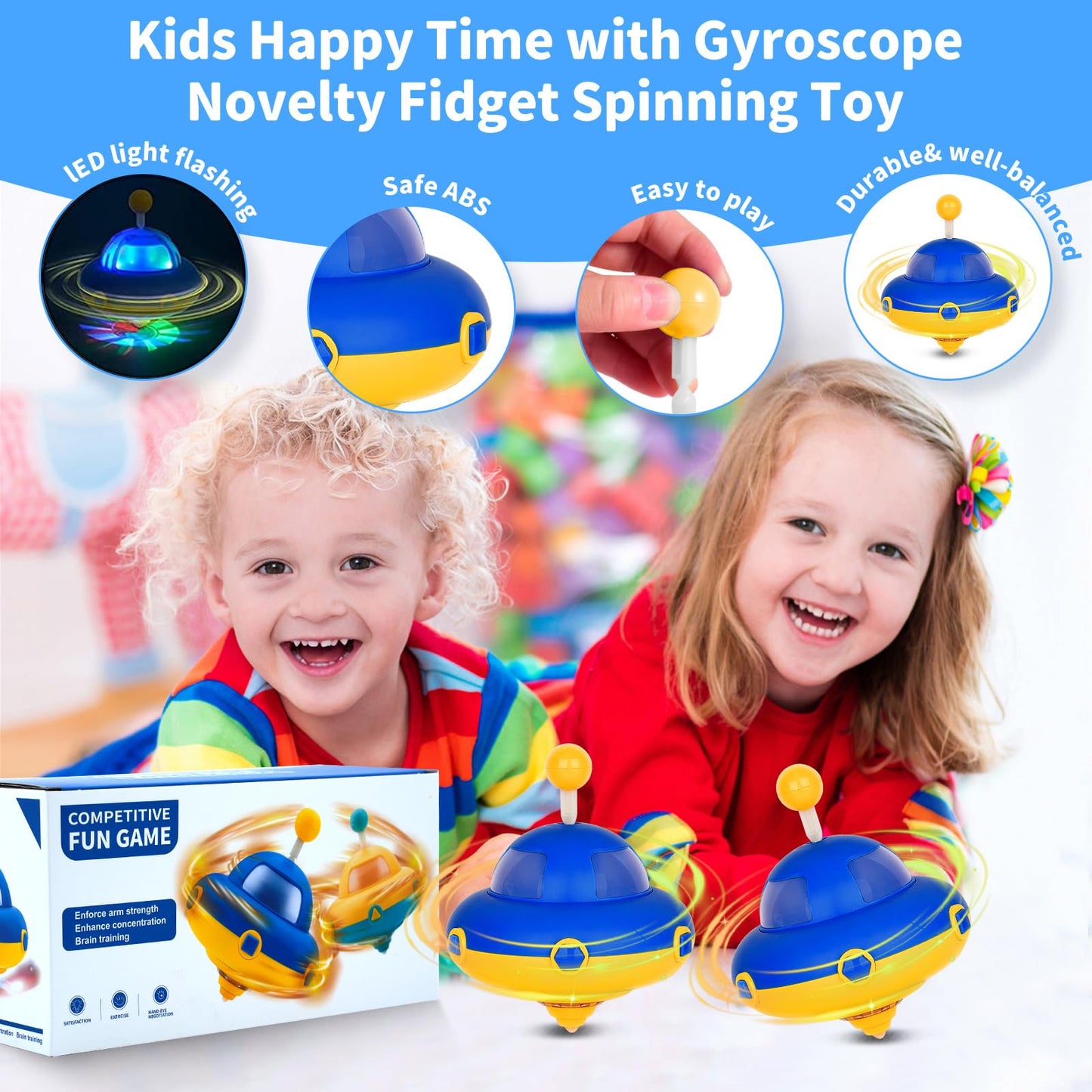 2Pack Light-Up Spinning Top for Kids - Flashing UFO Rotating Educational Toys,Sensory Toys for Toddlers 3-4. Birthday Party Favors for Kids Ages 3+