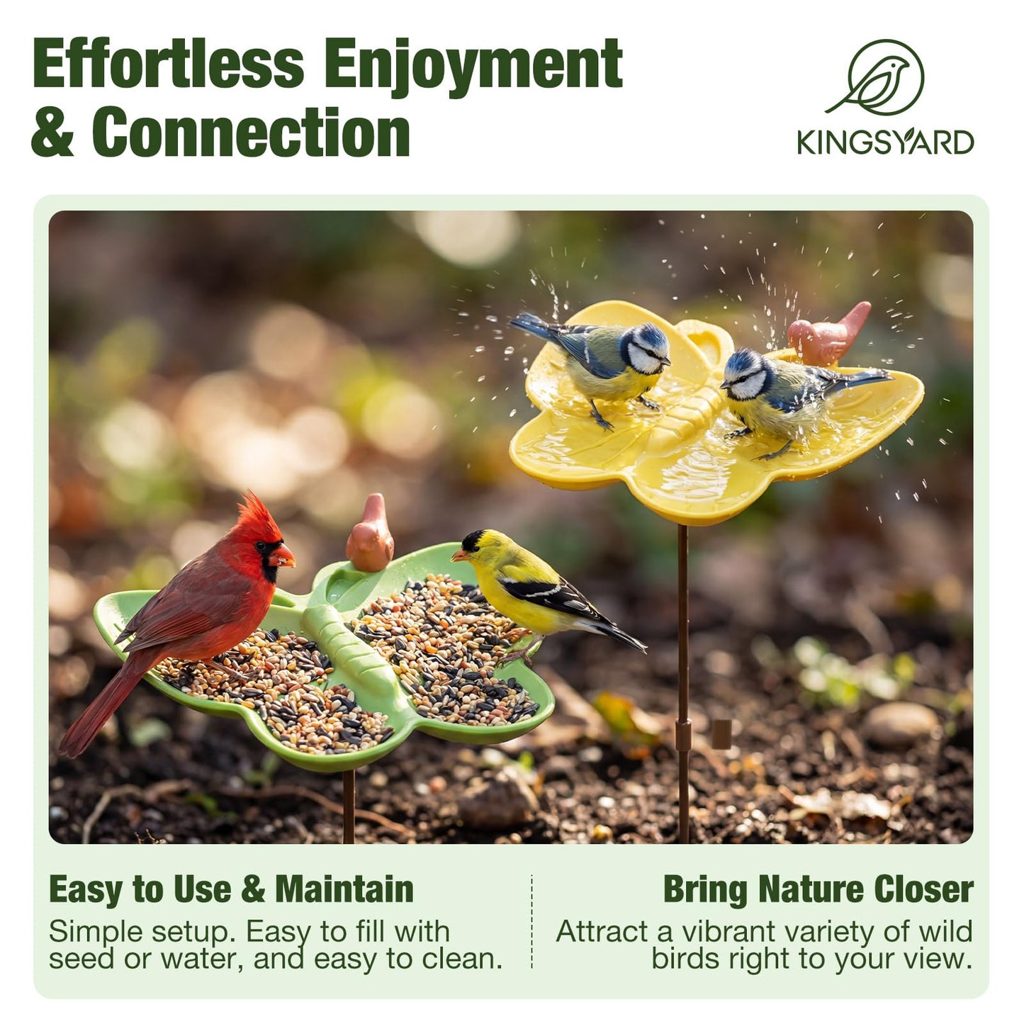 Kinsgyard 2 Pack Free Standing Tray Bird Feeders with Adjustable Pole, Wild Bird Bath for Outdoor Garden Yard Decor, Large Seed Capacity, Easy to Clean and Refill, Yellow & Green