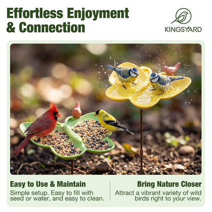 Kinsgyard 2 Pack Free Standing Tray Bird Feeders with Adjustable Pole, Wild Bird Bath for Outdoor Garden Yard Decor, Large Seed Capacity, Easy to Clean and Refill, Yellow & Green