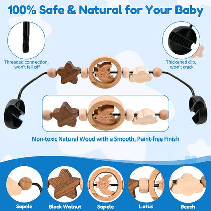 SeaZeHui Natural Wooden Activity Toy Bar for Baby Bjorn Bouncer, 360° Rotating Smiling Moon Hanging Toys for Infant Car Seat & Stroller, Sensory Development Toy 0-12 Months