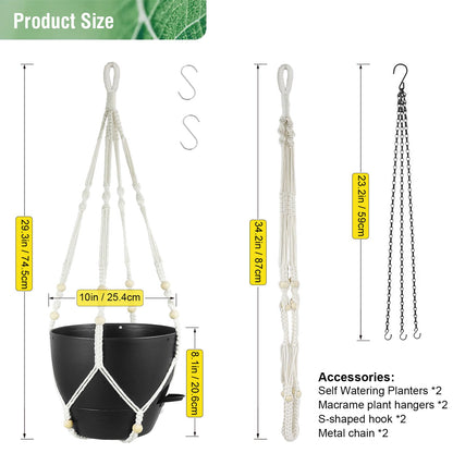 Meowell 10 inch Self Watering Hanging Planters, 2 Pack Hanging Baskets for Indoor Outdoor Plants, Hanging Flower Pots with Drainage Holes & 2 Kinds of Plant Hangers for Garden Home Decor, Black