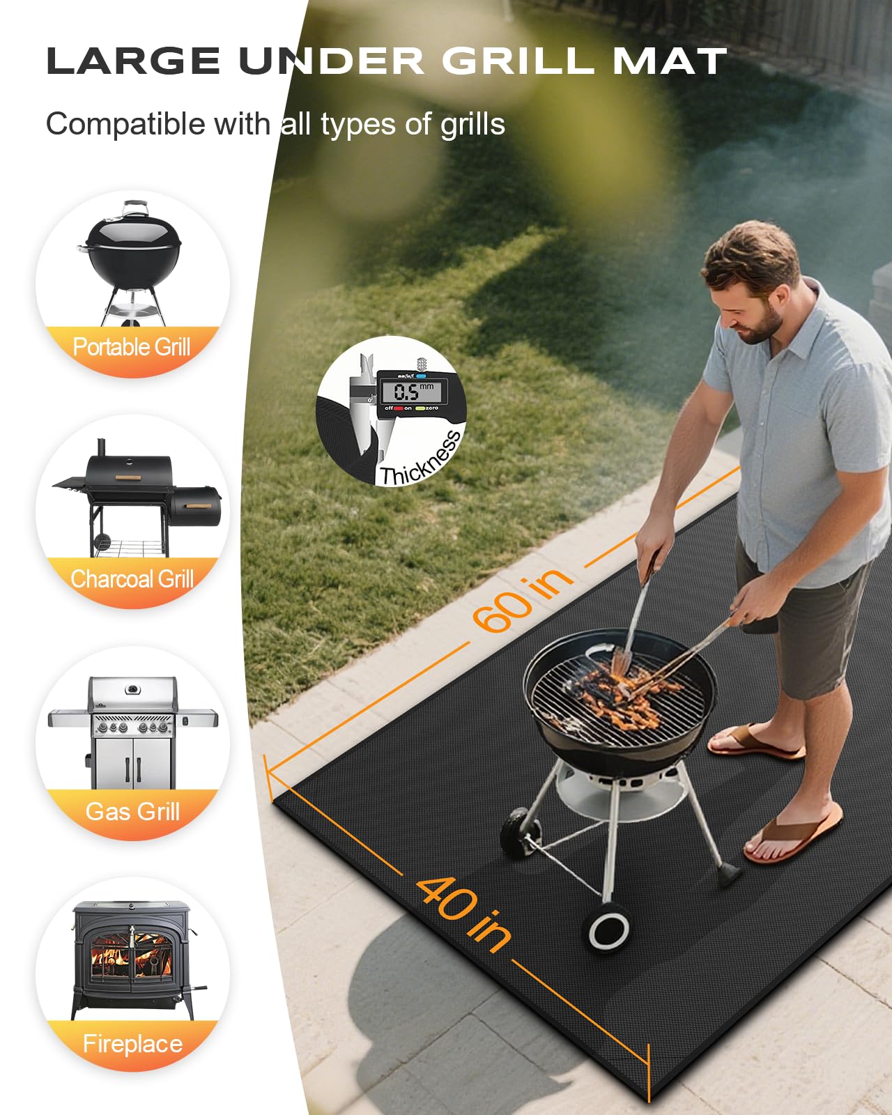 Vewaci Non-Curl 60x40 inch Under Grill Mats for Outdoor Grill, Indoor Fire Pit Hearth Rugs for Fireplace, Double-Sided Fireproof, Oilproof & Waterproof BBQ Grill Mat, Easy to Clean,for Deck/Patio/Lawn