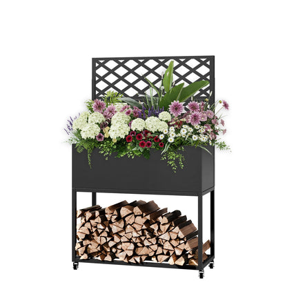 Metal Planter Box with Trellis, 3 in 1 Raised Garden Bed with Trelli & Firewood Rack, Privacy Planter Screen for Climbing Plants, Vine, Outdoor Garden Standing Beds with Drainage Holes, Wheels,Black