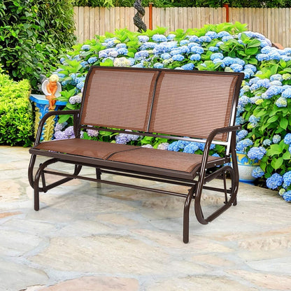 Giantex Swing Glider Chair 48 Inch with Spacious Space, 2 People Lounge Cozy Patio Bench Outdoor & Indoor for Patio, Backyard, Poolside, Lawn Steel Rocking Garden Loveseat (Brown)