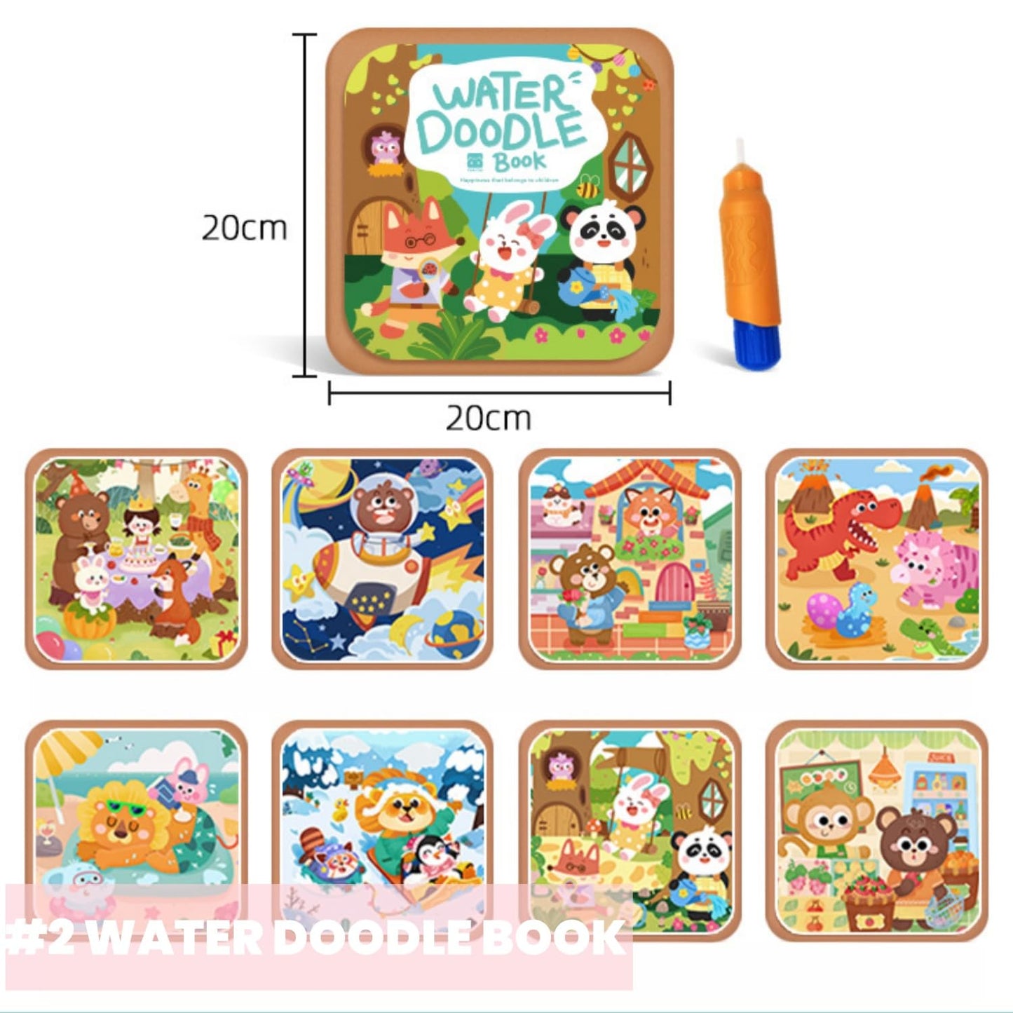 FZRMU Toddler Water Doodle Book Set for Ages 1-3, Mess Free Travel Activity Set with 2 Reusable Water Coloring Books, 1 Sticker Busy Book, Water Pens & Cards, Learning Toy for Car Rides Airplane