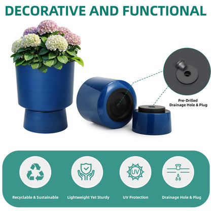 Ultym 16.8" 2-Pack Urn Planters for Outdoor Indoor Plants, Modern 2-in-1 Large Flower Pots with Detachable Base, Drainage Holes, Weather-Resistant for Garden Patio Home Office Decor, Brushed Blue