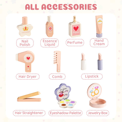 ROBOTIME Kids Vanity Set with Mirror and Stool – Wooden Pink Makeup Table with 11 PCS Accessories – Play Beauty Dresser with Mirrors, Drawer– Kids Vanity Table and Chair Set for Girls Ages 3+
