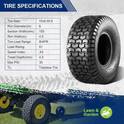 MaxAuto 15x6.00-6nhs Lawn Mower Tires 15x6x6 Lawn Tractor Tire 15x6-6 Turf Tires, 4 Ply Tubeless Tire, 565 lbs Capacity, Set of 2