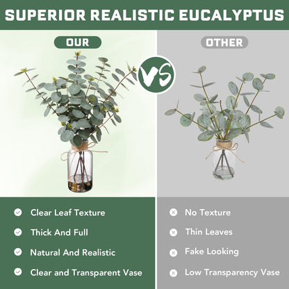 LILUYTO 15.74” Artificial Eucalyptus Stems in Glass Vase with Faux Water & Natural Stones, Lifelike Fake Greenery for Modern Farmhouse Home Decor, Bathroom Decor, Office Desk Centerpiece