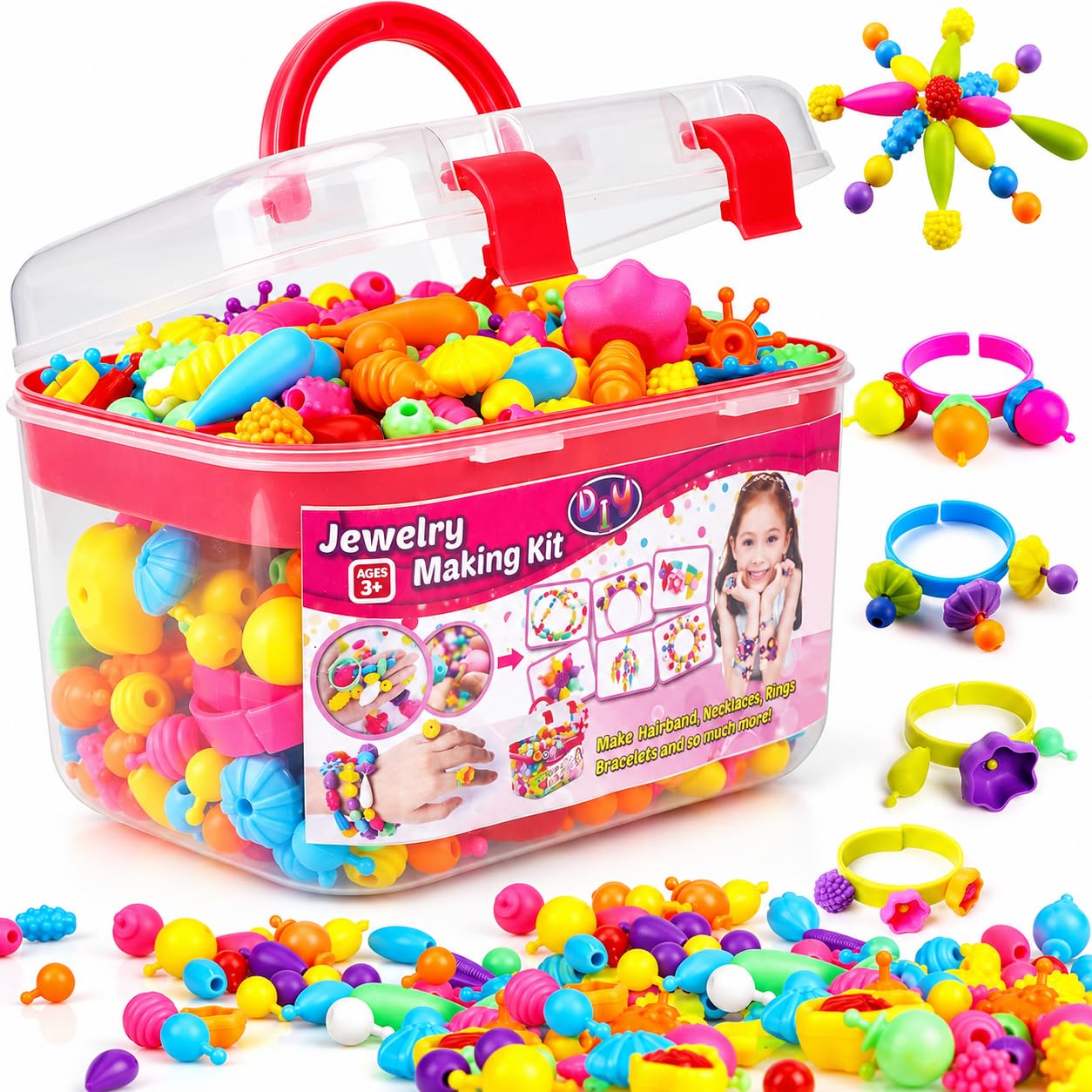 FUNZBO 520+ Snap Pop Beads - Jewelry Making Kit, Arts and Crafts for Kids Ages 4-8, Toys for 3 4 5 6 Years Old Girls Birthday Gifts Ideas, Bracelet Necklace Ring Set for Little Girls
