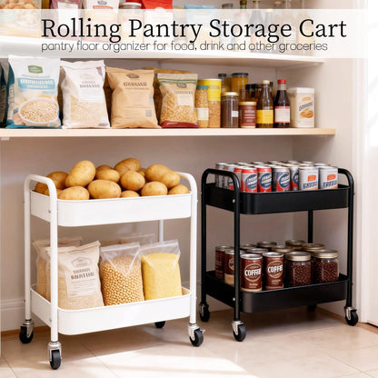 Ufriandz 2 Tier Metal Rolling Utility Cart with Wheels Under Desk Storage Cart with Handle, Roll Around Organizer Trolley for Small Space Pantry Bathroom Home Kitchen Office Snack Baby Supplies, Black