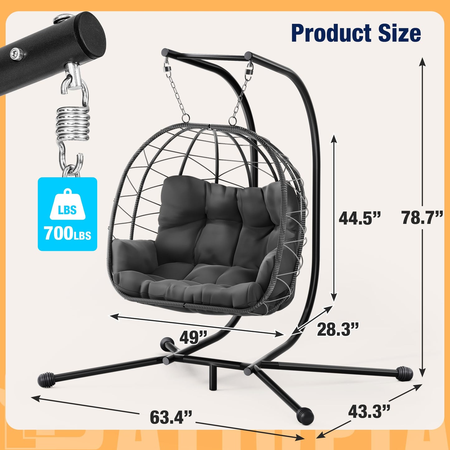 Pamapic 700 LBS Double Egg Chair Outdoor, UV Resistant Cushions Hanging Egg Chair with Armrests & Headrest, Thick Steel Frame Egg Swing Chair with Stand, for Relaxing & Reading Outside/Inside(Grey)