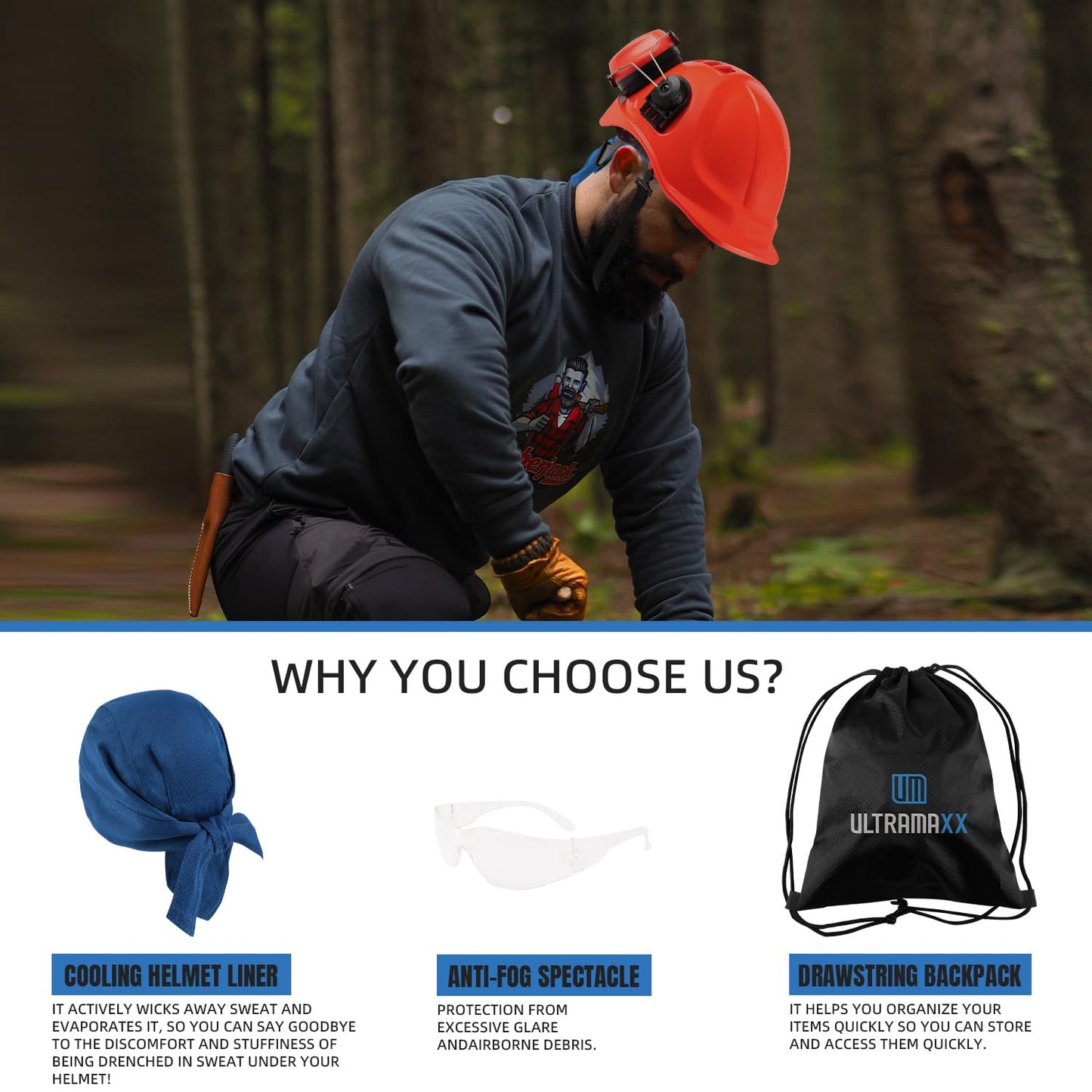 UM ULTRAMAXX 6-in-1 Chainsaw Helmet with Mesh Face Shield and Hearing Protection Ear Muffs, Forestry Safety Hard Hat Kits, ANSI Z89.1 Approved Certified Arborist Helmet, Orange