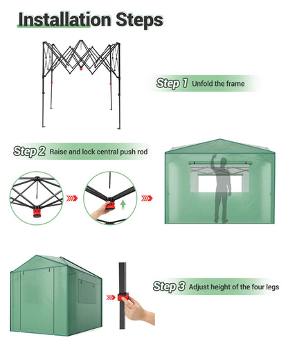 6x8 FT Pop-Up Greenhouse with Durable PE Cover, 96"x144" Large Grow Tent for All Seasons | Features Zippered Doors & Mesh Windows for Indoor/Outdoor Plants, Easy to Assemble (Green)