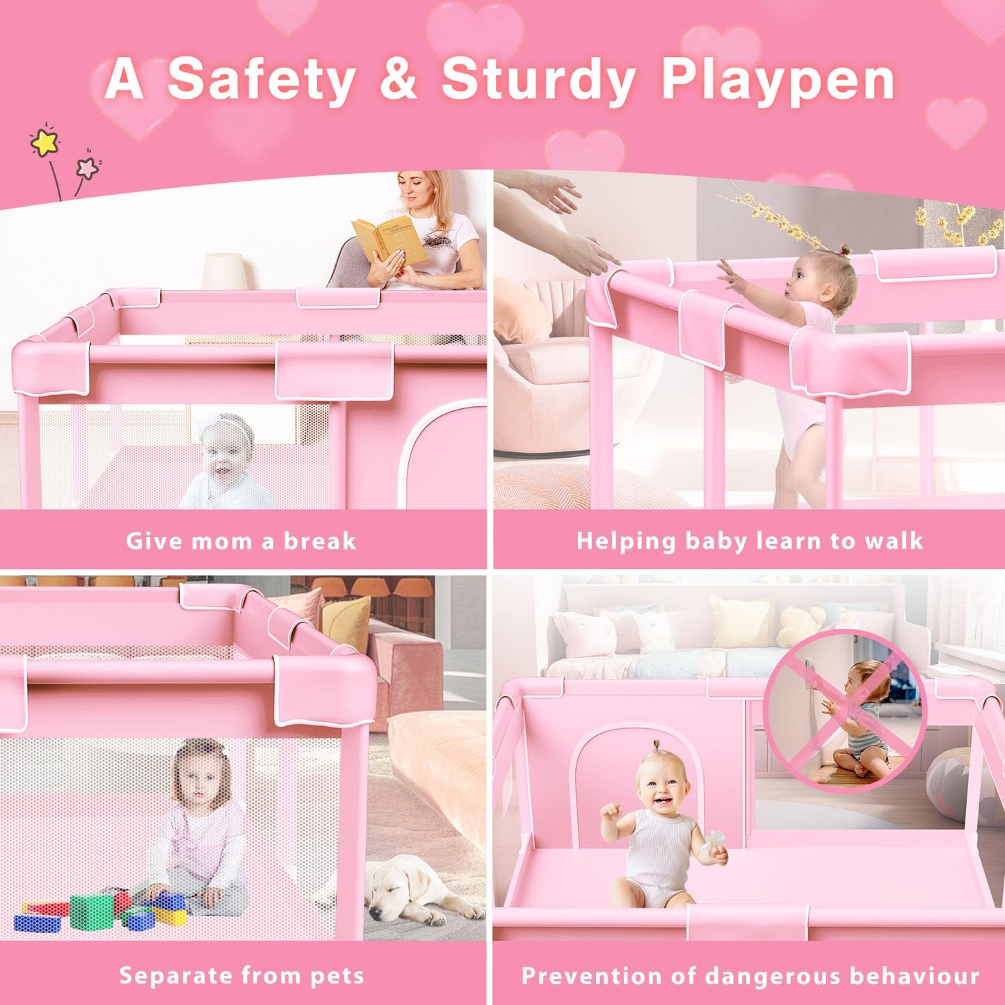 Pink Baby Playpen 50x50 Inches Playpen for Little Princess Play Yards Indoor & Outdoor Sturdy Safety Baby Girls Play Pen with Soft Breathable Mesh Toddlers Activity Center with Anti-Slip Base