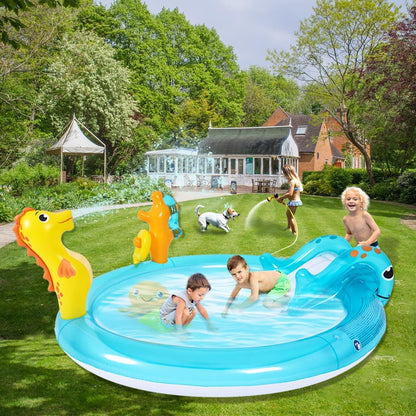 Inflatable Sea Animal Play Center, Inflatable Kids Swimming Pool with Water Slide, Water Sprayer, Sea Spray Kiddie Pool for Kids Children Summer Outdoor Splash, Backyard Garden Water Park