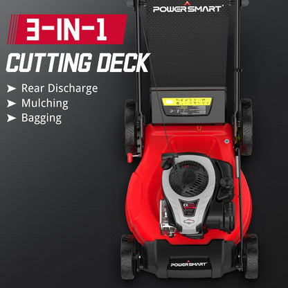 PowerSmart 21" Gas Lawn Mower, 140cc B&S E550 Engine, 3-in-1 with Bagging, High Wheels, Lightweight, Easy Assembly, Cordless Push Lawn Mowers for Garden Yard