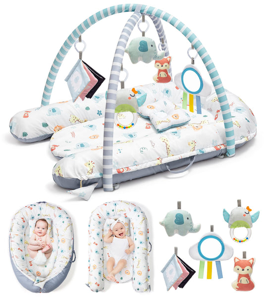 Baby Play Mat, 7-in-1 Infant Gym Mat for Sensory and Motor Development, Washable & Portable Newborn Tummy Time Activity Mat for Home & Travel, Babies Gift for 0-3-6-9-12-18 Months