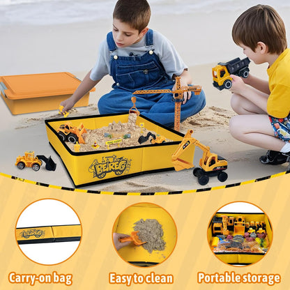 BEIREG Construction Sensory Sand Kit - 42 PCS Building Set with 2lbs Magic Sand, 9 Construction Trucks, Foldable Roof Sandbox, Cranes, Road Signs & Tools | STEM Gift for Boys Ages 3-8