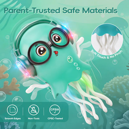 GONINO DJ Dancing Jellyfish Baby Toys, Musical Crawling Tummy Time Toys with LED Light & Smart Obstacle Avoidance, 360° Spin Sensory Toys for Toddlers, Kids Toys Birthday Gifts for Boys Girls, Green