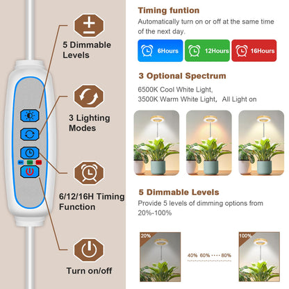 Aokrean Grow Light, 48 LEDs Full Spectrum Plant Lights for Indoor Growing, Height Adjustable Wood Grain Plant Grow Light with Base, 3 Optional Spectrums, Auto Timer 6/12/16Hrs, 5 Brightness