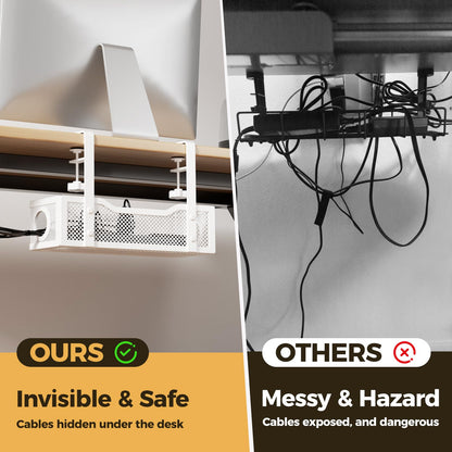 Under Desk Cable Management Tray White, Cinati Wire Organizers No Drill, Cable Tray with Clamp for Wire Management, Cord Organization Box for Office, Home - No Damage to Desk
