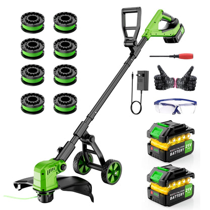 Amiluo 3 in 1 Cordless String Trimmer & Edger, 21V Battery Powered Weed Wacker with Wheels, 2 x 3.0Ah Batteries & 8 Spools, 14" Electric Weed Trimmer, Grass Trimmer for Garden, Lawn and Yard Care