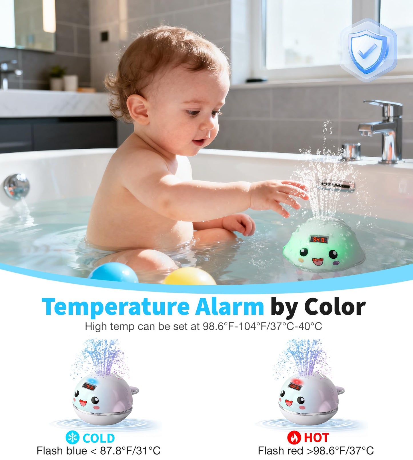 Pircaath Baby Bath Toy Sprinkler with Thermometer, Temp Alarm & Backlit Display, BPA-Free | CPC Certified for Safety, Light Up Whale Bath Toy for Kids Ages 1-3, Bathtub Water Toys for Toddler, Newborn