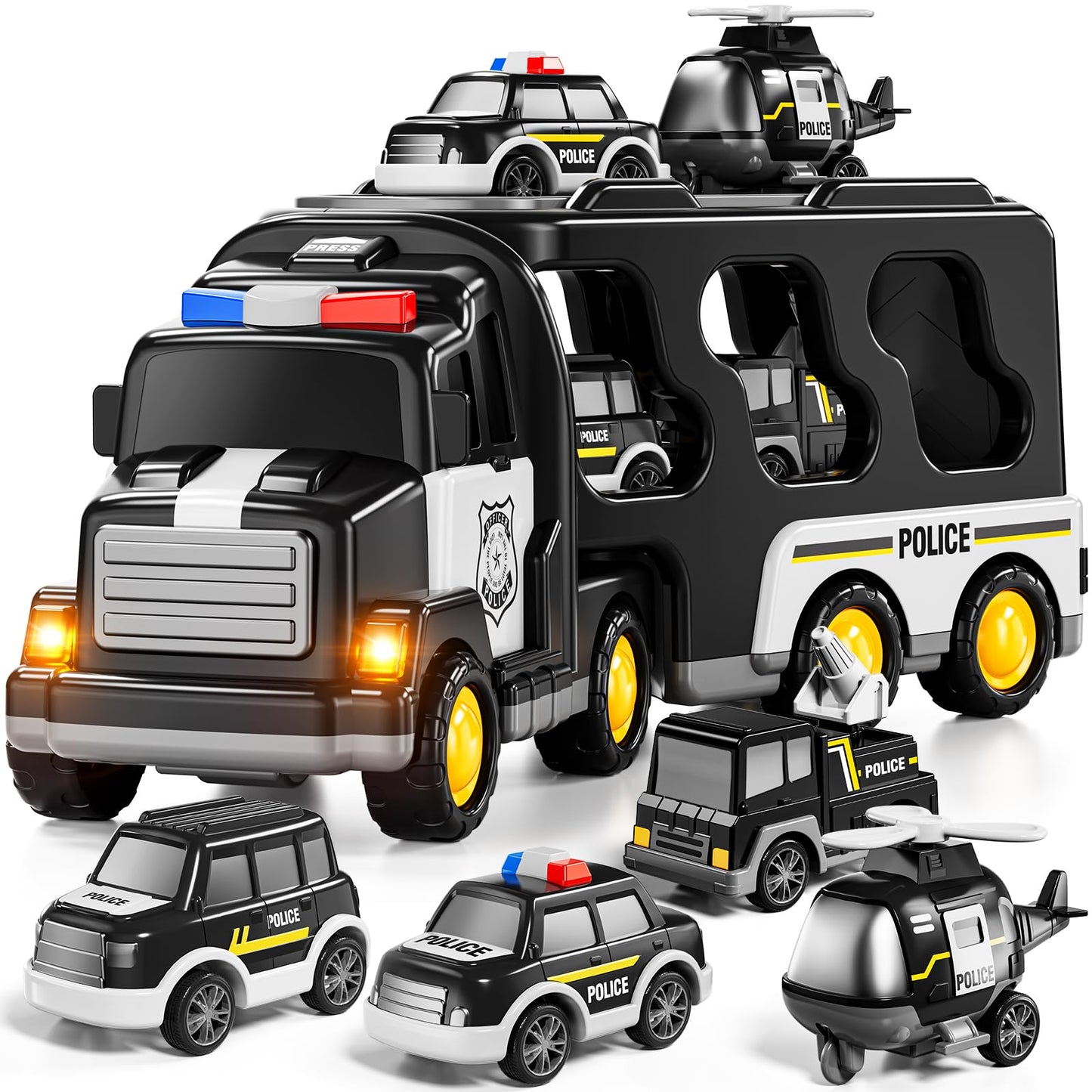 JUKUDAHU Police Truck Toy for 3 4 5 6 Years Old Boys - Carrier Vehicle Toy Set with 3 Small Cars and 1 Helicopter, Kids Firction Powered Car for Age 3-9, Gifts for Boys and Girls