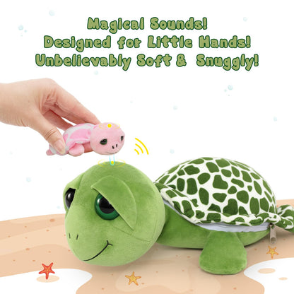 Karister 6Pcs Sound Turtle Plush Toy, 14" Talking Mother Turtle Stuffed Animal with 3 Baby Tortoise & 2 Eggs, Stuffed Educational Sea Creature for Kids, Ocean Plushies Gift for Birthday Christmas