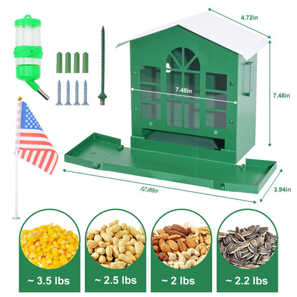 Squirrel Feeder,Metal Squirrel Feeder for Outside,with Water Bottle, Flag and Corn Cobs Holder,Outdoors Chipmunk &Squirrel Picnic Bench Feeders Table,Easy to Install & Refill