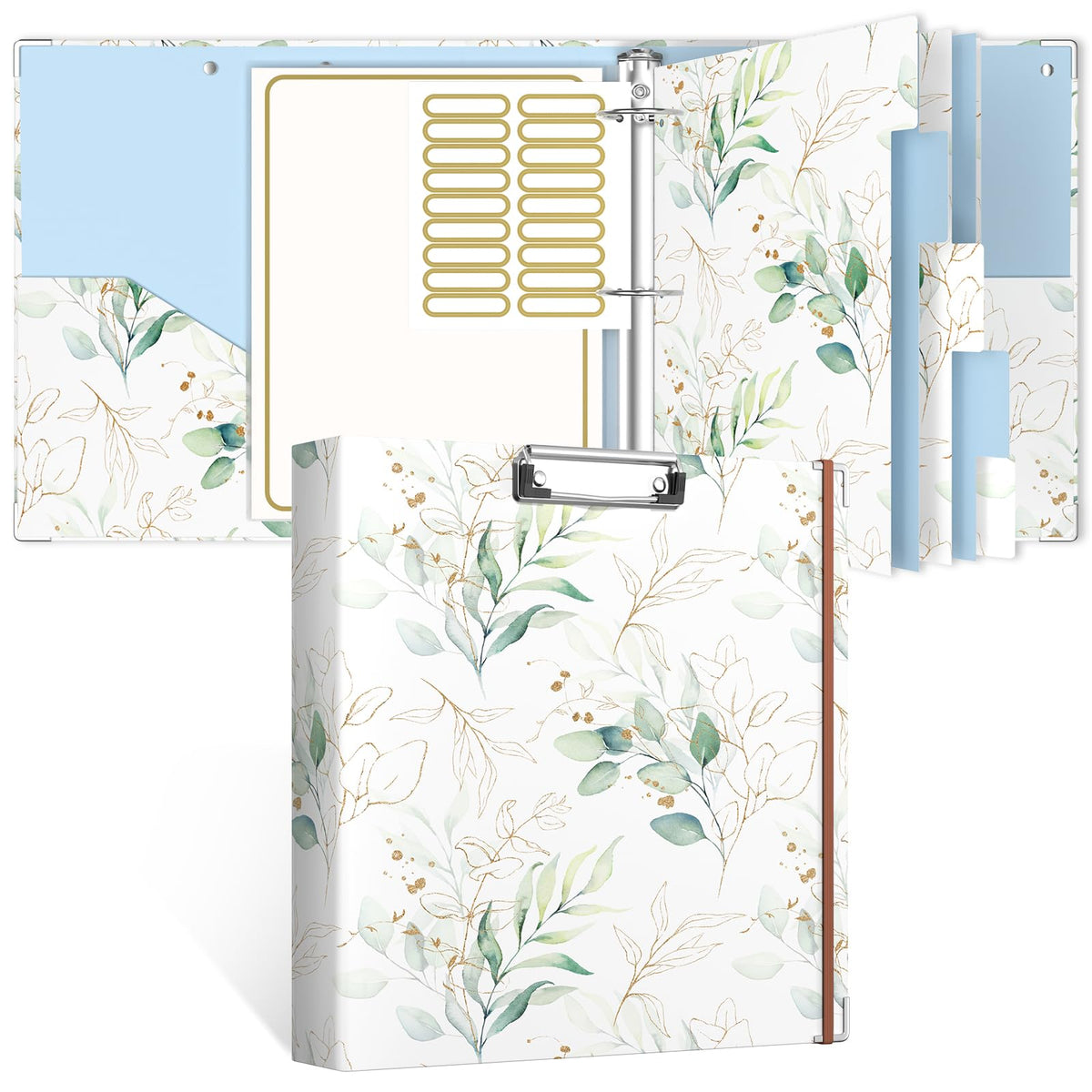 Rouidr 3 Ring Binder, 2 Inch Round Ring Binder Organizer with Clipboard, 5 Dividers Tabs, A4 8.5 x 11 Inch Paper & Clear Sleeves for School, Office Supplies, Leaves