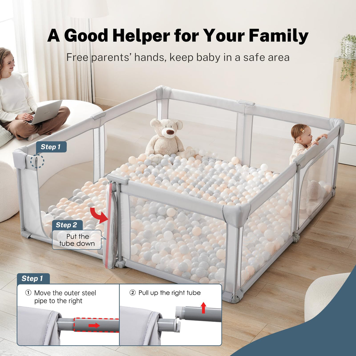Baby Playpen Portable, Pre-Assembled Play Pen 71x79 Large Foldable Playpen for Babies and Toddlers, Sturdy and Safe Toddler Play Yard Indoor Outdoor with Carry Bag, Grey
