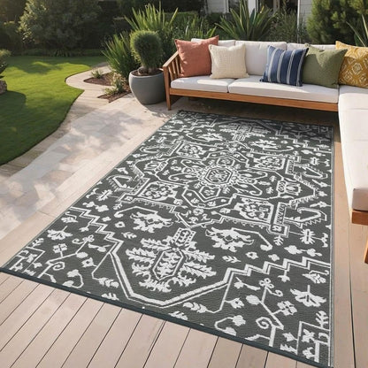 Jojoka Waterproof Reversible Outdoor Rug, Durable Plastic Straw Medallion Mat, UV-Resistant Easy Clean All-Weather Carpet for Patio, Backyard, Porch, Deck, Camping & RV