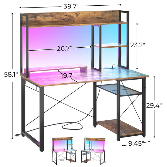 Cyclysio Gaming Desk with Hutch, 39'' Computer Desk with LED Lights & Power Outlets, Home Office Desk with Reversible 5 Tiers Storage Shelves & Monitor Stand, Small Gaming Table for Small Space,Rustic