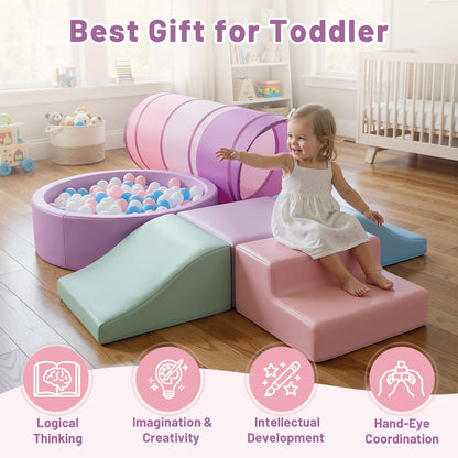 Hoohtoot Foam Climbing Toy for Toddler：with 4-Piece PU Leather Climbing Blocks, a Baby Ball Pit and Play Tunnel - Climb and Crawl Soft Play Set - Kids Crawling Obstacle Course Indoor Jungle Gym