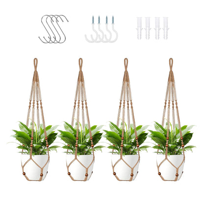 LEWESU Jute Macrame Plant Hanger Indoor Set of 4 Hanging Planter Basket Flower Pot Holder with Decorative Wood Beads & No Tassels for Indoor Outdoor Boho Home Decor, 35 Inch Brown (Pots Not Included)