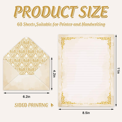 Whaline 60 Vintage Stationery Paper Set Gold Border Letter Writing Paper with Envelopes for Greeting Card Invitation Office Printing, 8.5 x 11 Inch