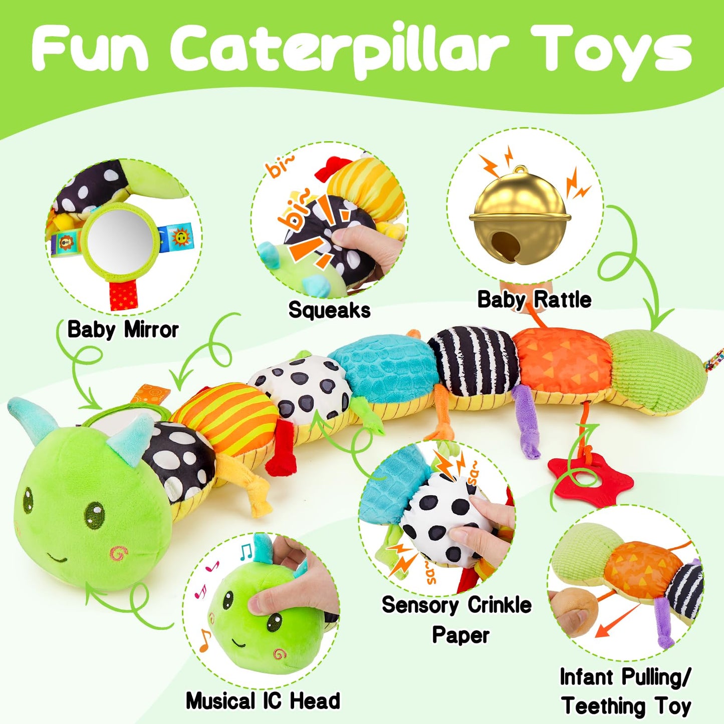 Baby Sensory Toy 0-6 Month Music Animal Stuffed Plush Caterpillar Toy for Infant 0-3-6-12 Month Old Tummy Time with Mirror Crinkle Rattle Toys for Newborn Boys Girl Shower Gifts Easter Basket Stuffer