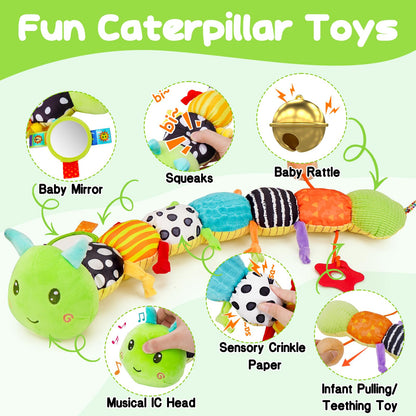 Baby Sensory Toy 0-6 Month Music Animal Stuffed Plush Caterpillar Toy for Infant 0-3-6-12 Month Old Tummy Time with Mirror Crinkle Rattle Toys for Newborn Boys Girl Shower Gifts Easter Basket Stuffer