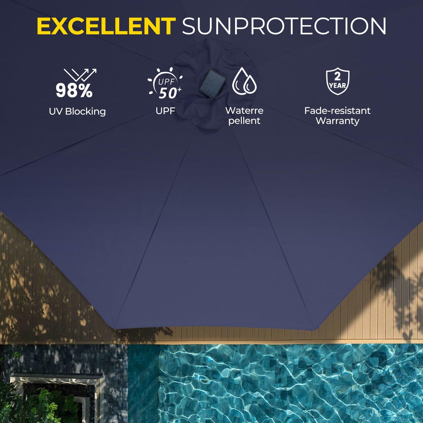 Tempera 10ft Patio LED Umbrella with light | Solar Outdoor Umbrella | Market Table Parasol with Push Button Tilt and Crank, with Sturdy Pole&Fade resistant canopy,Easy to set